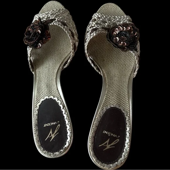 J. Vincent Cream Metallic Silver Woven Mule Heels – Size 8 - Picture 2 of 6